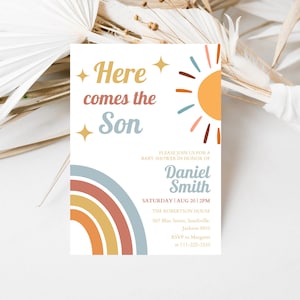Editable Sunshine Baby Shower Invitation, Here Comes the Son Baby Shower Invite, Boy Sonshine Baby Shower, Boho Sunshine Shower