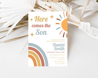 Faire-part de baby shower modifiable soleil, voici le fils Baby Shower inviter, shower de bébé Sonshine garçon, Boho Sunshine Shower