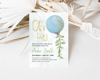 Invito baby shower modificabile Oh Boy, Invito baby shower palloncino blu, Invito baby shower Blue Boy eucalipto,