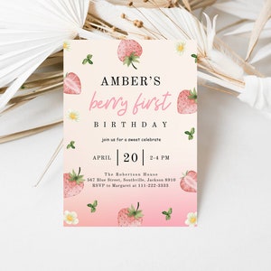 Berry First Birthday Invitation Template, Strawberry 1st Birthday Invite, Girls 1st Birthday Invitation, Printable Invite,