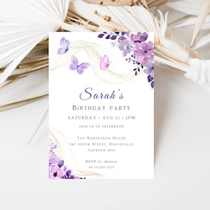 Editable Butterfly Birthday Invitation Girl Template Printable, Butterfly Invitation, Editable Butterfly invitation, Purple editable