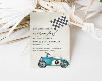 Two Fast Birthday Invitation Vintage Race Car Invitation Blue Race Car Birthday Second Birthday Editable Digital Template Instant Download