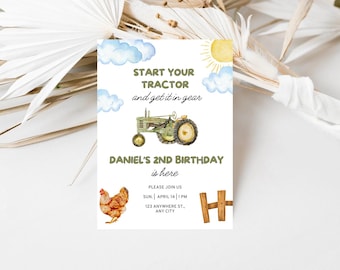 Tractor Birthday Invitation Editable Green Tractor 2nd Bday Party Invite Printable Start Your Tractor Birthday Farm Bday Invite