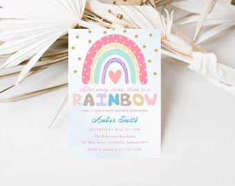 Rainbow Shower invitation, Rainbow Invitation, Rainbow Baby, Baby Shower Invitation, Pink and Gold, Digital Printable Instant Download