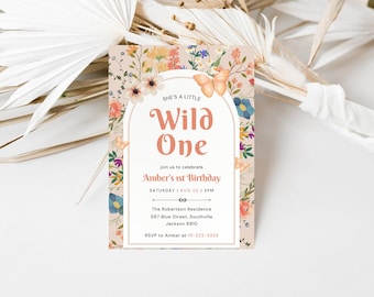 May include: A floral-themed first birthday party invitation with a pink background and a butterfly. The text reads "She's a little Wild One" and includes details about the party, including the date, time, and location. RSVP information is also included.