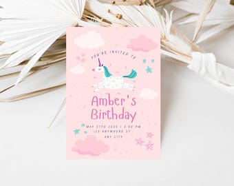 May include: Pink birthday invitation with a white unicorn with a blue horn and mane flying in the clouds. The text reads "You're invited to Amber's Birthday May 27th 2023 1:00 PM 123 Anywhere St. Any City"