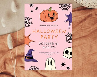 May include: A rectangular Halloween party invitation card on a light pink background featuring a cartoon pumpkin, a purple witch hat, a white ghost, a skull, black spiderwebs, and stars. Text reads: Please join us for a HALLOWEEN PARTY OCTOBER 31 8:00 PM 123 Anywhere St., Any City, ST 12345.