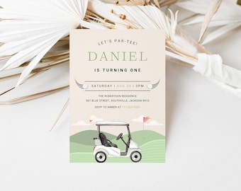 May include: A golf-themed birthday invitation for a child named Daniel turning one. The invitation features a cartoon golf cart on a green golf course with a red flag and a golf ball. The text reads "Let's Par-Tee! Daniel is turning one. Saturday | Aug 20 | 3PM. The Robertson Residence 567 Blue Street, Southville, Jackson 8910. RSVP to Amber at 111-222-3333."