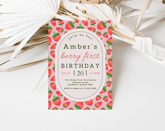 May include: Pink invitation with a strawberry pattern. The text reads "Join us for Amber's berry first birthday, July 20, 2-4PM. The Robertson Residence, 345 Blue Street, Southville, Jackson 6789. RSVP to Amber at 111-222-3333."