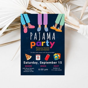 May include: A colourful invitation for a pyjama party with the text "PAJAMA party" in large letters. The invitation includes details about the party, including the date, time, location, and RSVP information.