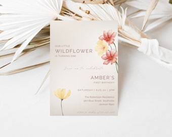 May include: A light brown invitation card with a watercolor illustration of yellow and pink flowers. The text reads "Our little Wildflower is turning one. Join us to celebrate Amber's First Birthday. Saturday | Aug 20 | 3PM. The Robertson Residence 567 Blue Street, Southville Jackson 8910."