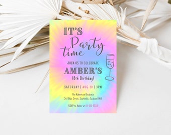 May include: A vibrant invitation with a tie-dye effect in pink, yellow, and blue. The text says "IT'S Party time" and invites guests to celebrate Amber's 18th birthday. Includes date, time, and RSVP details.