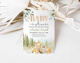 Woodland Baby Shower Invitation, EDITABLE Gender Neutral Woodland animals invitations, Woodland Theme Invites Template Instant download