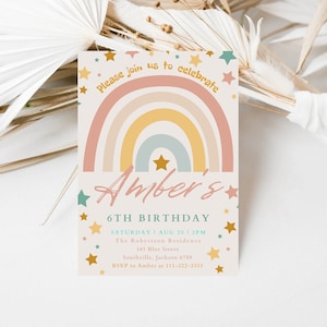 Rainbow Birthday Invitation for Girls, Gold Stars Modern/Boho Rainbow, Fun Kids Birthday Invitation Template, Editable Printable Download