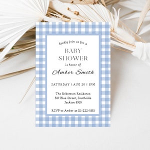 Blaue Gingham-Babyparty-Einladung, bearbeitbare klassische Gingham-Junge-Babyparty-Einladung, druckbare Einladungsvorlage, sofortiger Download