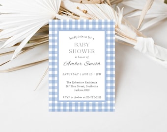 Blue Gingham Baby Shower Invitation, Editable Classic Gingham Boy Baby Shower Invite, Printable Invitation Template Instant Download