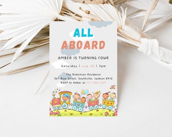 All Aboard, Editable Train Birthday Invitation, Modern Train Invitation, Girl Train Party Editable, Portrait