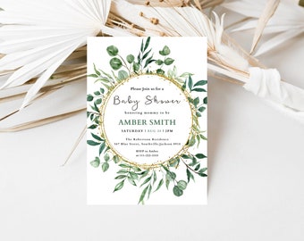 May include: A green and gold baby shower invitation with a wreath of eucalyptus leaves and gold glitter. The text reads "Please join us for a Baby Shower honouring mummy to be Amber Smith Saturday, August 20, 1 PM The Robertson Residence 147 Blue Street, Southville Jackson 1910 RSVP Amber 111-222-3333"