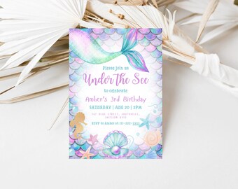 May include: A purple and blue mermaid tail with iridescent scales, a seashell with a pearl, and starfish on a light blue background. The text reads "Please join us Under the See to celebrate Amber's 3rd Birthday Saturday | Aug 20 | 2PM 357 Blue Street, Southville, Jackson 8930 RSVP to Amber at 111-222-3333".