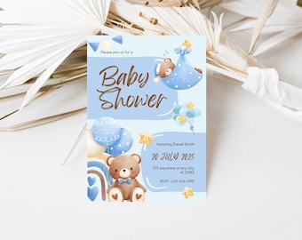 Editable Teddy Bear Blue and Beige Cute Bear Theme Baby Shower Invitation We Can Bearly Wait Invites Template Download Boy Baby Shower