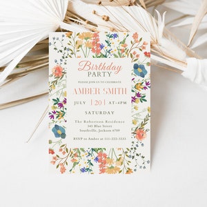 Blush Pink Wildflower Birthday Party Invitation, Meadow Floral Woman's Birthday Invite, Cottage Floral, Editable Template