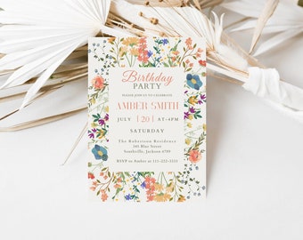 Faire-part d'anniversaire fleurs sauvages rose blush, invitation anniversaire femme prairie florale, chalet floral, modèle modifiable