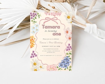 Invitación de cumpleaños floral de margaritas editable Invitación de primer cumpleaños de nuestra pequeña flor silvestre Invitación de cumpleaños de preadolescente Invitación de cumpleaños de niña con flores