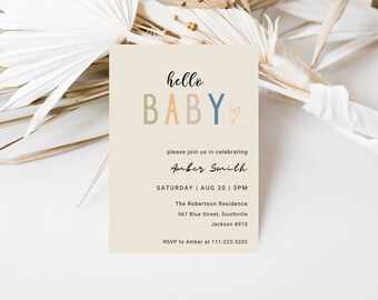 Minimalistische Babyparty-Einladung, neutrales Babyparty-Paket, Bücher für Babywindel-Verlosung, moderne Boho-Babyparty-Einladung, sofortiger Download