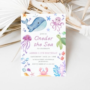 Oneder the Sea Birthday Invitation Printable, Under the Sea Editable Template, 1st Birthday Invite, Ocean Animals Girls Under the Sea Invite