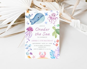 Oneder the Sea Birthday Invitation Printable, Under the Sea Editable Template, 1st Birthday Invite, Ocean Animals Girls Under the Sea Invite