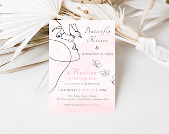 Butterfly Birthday Invitation, Butterfly kisses and birthday wishes, Digital Download, Printable Invitations, Girl Butterfly Birthday Party