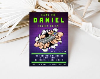 Video Game Birthday Invitation Template, Video Game Invitation, Neon Glow, Green Purple Glow, Kid Invite, Boys Game Party, Editable