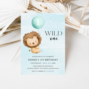 Wild One Birthday Invitation, Lion 1st Birthday Invite, Wild One Invitation Printable, 1st Birthday Boy, Birthday Invitation Green Lion