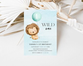 Wild One Birthday Invitation, Lion 1st Birthday Invite, Wild One Invitation Printable, 1st Birthday Boy, Birthday Invitation Green Lion