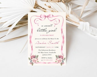 Pink Bow Invitation for Baby Shower Girl, Baby Shower girl with bow invite, editable pink ribbon invite instant download