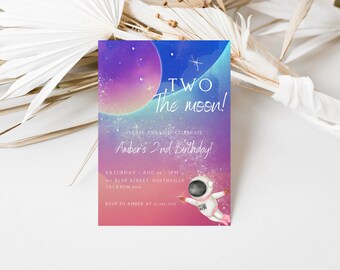Two the Moon Birthday Invitation Template Girl, Two the Moon 2nd Birthday Space Astronaut Invite Girl Printable, Girls 2nd Birthday Silver