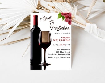 Op de afbeelding: Een uitnodiging voor een 50e verjaardagsfeest met een wijn-thema. De uitnodiging toont een fles rode wijn en een glas rode wijn. De tekst luidt "Aged to Perfection" en "Amber's 50th Birthday".