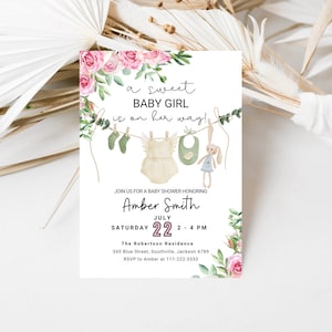Girl Baby Clothes Baby shower Invitation A sweet baby Girl is on her way Laundry Pink Floral Boho baby Editable Printable Download
