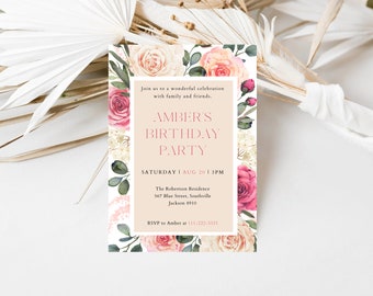 Rosa Blumen-Geburtstagsparty-Einladung, Blumen-Geburtstagseinladung, jedes Alter, Frauen, Teenager, Boho, Blush, DIY editierbare Vorlage