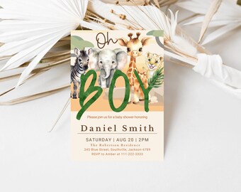 Ensemble d’invitations à la baby shower Oh Boy Safari modifiable, ensemble d’invitations à la baby shower de la jungle, modèle d’invitation aux animaux de safari de la jungle de verdure
