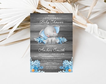 Elephant Baby Shower TEXT Invitation, Blue, Boy Jungle Floral Safari, DIGITAL EDITABLE Electronic Smartphone Invite, Edit