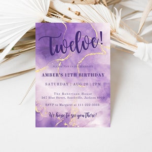 Convite de aniversário de amante roxo, roxo e dourado, convite para festa, convites de aniversário, modelo de convites editáveis, download instantâneo