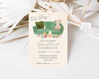 May include: A baby shower invitation with a green couch, a teddy bear, and blocks. The text reads "Oh Boy!" and "Join Us To Celebrate Daniel Smith and The Baby Boy To Be".