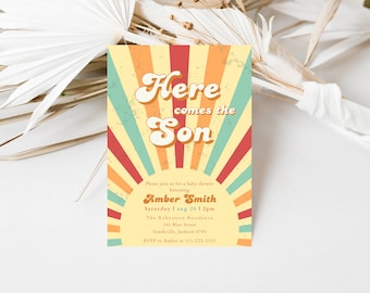 Here Comes The Son Baby Shower Invitation Set, Editable Sunshine Baby Shower Invite Boy, Retro Sun Baby Shower Invite Template Download