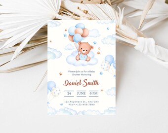 Editable Bear Baby Shower Invitation Template Brown Bear Balloon Invitation Boy Bearly Wait Baby Shower Invite Instant Download