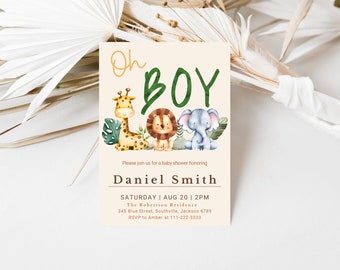 Lot d'invitations pour baby shower dans la jungle, invitation de verdure animaux de safari de la jungle, ensemble d'invitations pour baby shower Oh Boy Safari modifiable