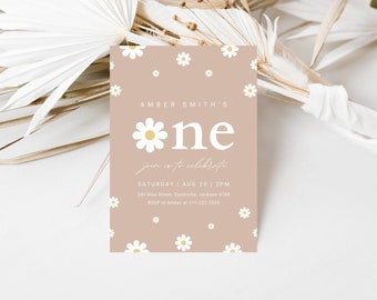 May include: A light brown invitation with a white daisy pattern. The text reads "Amber Smith's one you're invited to celebrate Saturday Aug 20 | 2PM 345 Blue Street, Southville, Jackson 6789 RSVP to Amber at 111-222-3333"