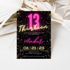 13Th Birthday Invitation for girl, Gold Glitter Pink Neon, Editable Template, 13 Bday Invites