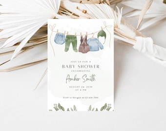 Editable Boho Baby Shower Invitation Sage Green Invitation Template Digital Gender Neutral Boy Baby Shower Invites Instant Download