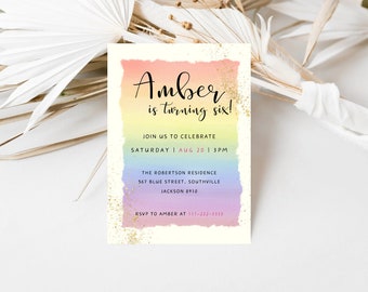 May include: A birthday invitation with a watercolor rainbow gradient background. The text reads "Amber is turning six!" and includes celebration details: date, time, and location. Gold glitter accents the design. RSVP information is also included.